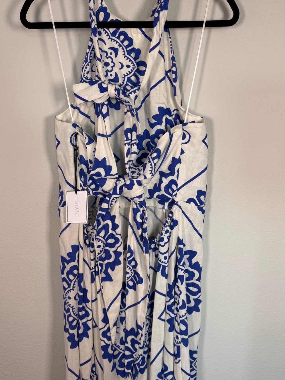 NWT 1.State Blue White Medallion Linen Blend Print Halter Maxi Dress Size XL - Picture 4 of 10